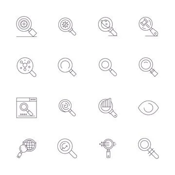 Magnifying Premium Vector Bundle with 16 256x256 Pixel Aligned Thin Line Icon Stock Illustration
