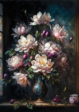 Magnolia flowers bouquet, floral still life, luxurious painting, bouquet vase Stock Illustration