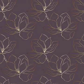 Magnolia pattern,contour flowers gold gradient and dark background. Stock Illustration