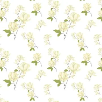Magnolia seamless pattern digital clip art watercolor flowers yellor flower i Stock Illustration