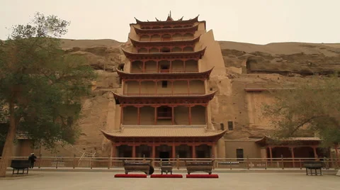 Magoa Caves / Magoa Grotto main chamber, exterior, Dunhunag, China. Stock Footage 5088198