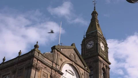 Magpie flying past clocktower of old building blue sky puffy clouds 스톡 동영상 289068845