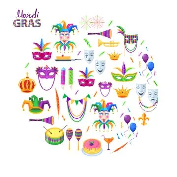 Magri Gras Carnival Attributes Flat Vector Concept 스톡 일러스트