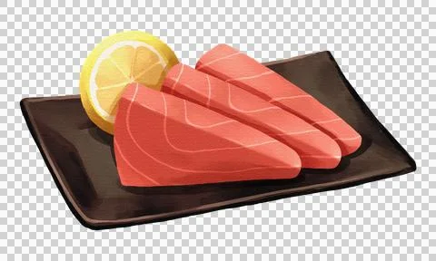 Maguro tuna sashimi with lemon slice on black plate, realistic hand-drawn w.. Stock Illustration
