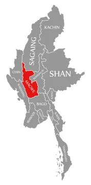 Magwe red highlighted in map of Myanmar Stock Illustration