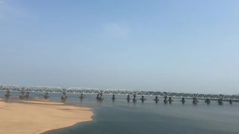 Mahanadi Railway Bridge Spanning River and Sandbanks in Odisha, India Video stock 338041062