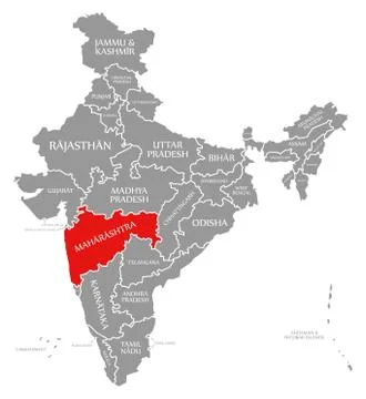 Maharashtra red highlighted in map of India Ilustração Stock