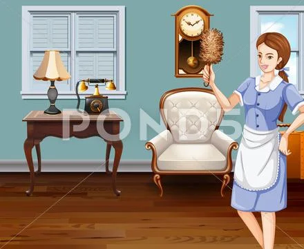 Maid cleaning the house Stock Illustration