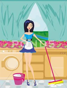 Maid cleans the kitchen Stock Illustration