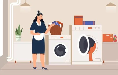 Maid doing laundry in utility room. Vector illustration Stock Illustration