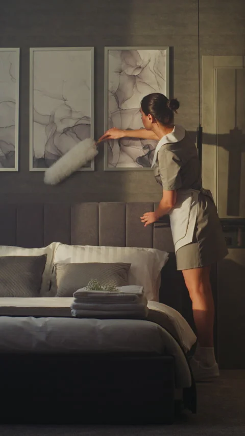 Maid in Professional Uniform Gently Cleans Picture Frames on Hotel Room Wall Stock Footage 321098071