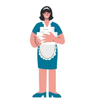 Maid in uniform holding stack towel.Cleaning service.Vector falt illustration Stock Illustration