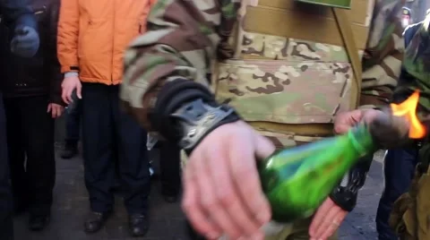 Maidan. Protesters set fire Molotov cocktails. Riots in Kiev. 16.03.2014 Stock Footage 48057751