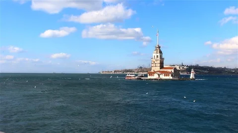 Maiden Tower at Bosphorus Sea, On a Cloudy Windy Day Stock Footage 106082557