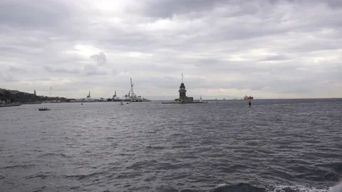 Maidens Tower, A Boat Passes In Front Of The Maiden's Tower, In Istanbul 4k Stock Footage 180432279