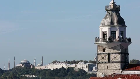 Maiden's Tower in front with Hagia Sofia and ship traffic in back, Istanbul Video stock 119904356