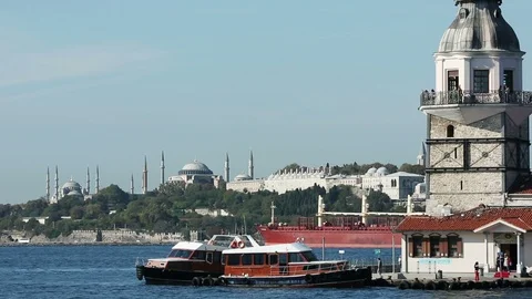 Maiden's Tower in front with Hagia Sofia and ship traffic in back, Istanbul Video stock 119904493