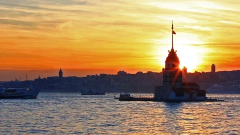 Maiden's Tower  lying on a small islet located at entrance of Bosphorus Stock Footage 83094654