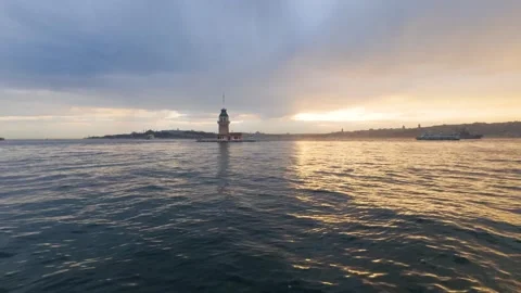Maiden's Tower at Sunset over Bosphorus Strait in Istanbul Turkey Stock-Footage 344608895