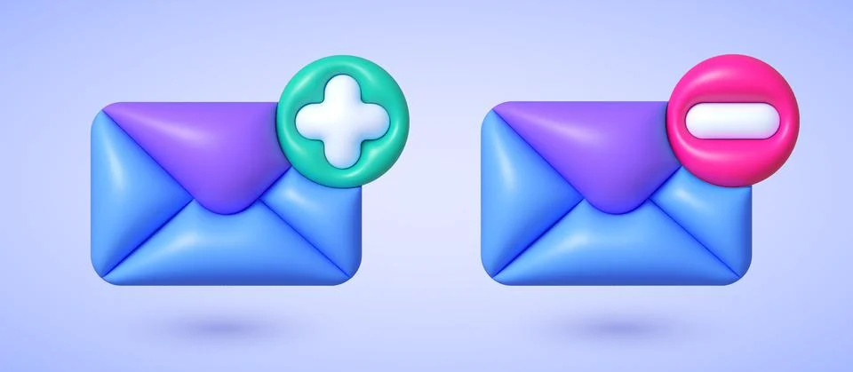 Mail 3d for paper design. Mail Plus and Minus. Render new email notification Illustrazione stock