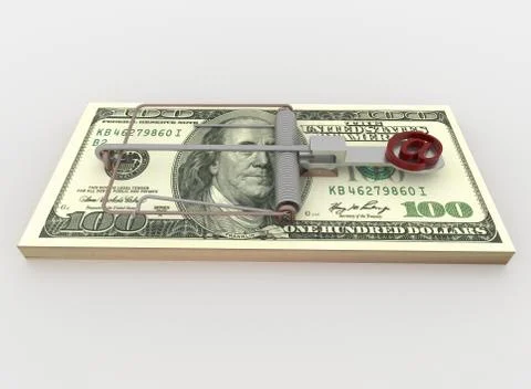 Mail and Mouse Trap from 100 Dollar Bill Bundle, Render on White Stock Illustration