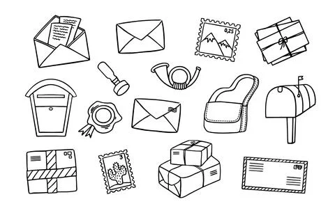 Mail and Post Doodle Set. Envelopes, letters, banderoles, letterboxes and oth Illustration