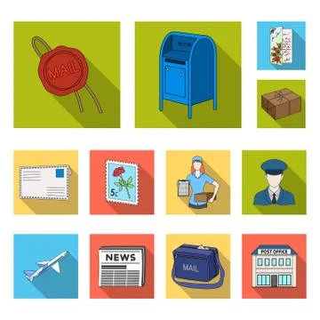 Mail and postman flat icons in set collection for design. Mail and equipment Stockillustratie