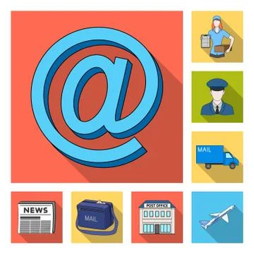 Mail and postman flat icons in set collection for design. Mail and equipment Stock Illustration