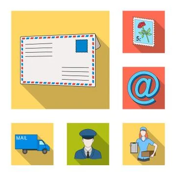 Mail and postman flat icons in set collection for design. Mail and equipment Illustration
