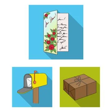 Mail and postman flat icons in set collection for design. Mail and equipment Illustration