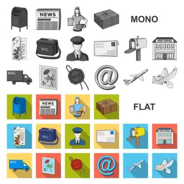 Mail and postman flat icons in set collection for design. Mail and equipment Illustrazione stock