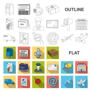Mail and postman flat icons in set collection for design. Mail and equipment Illustration