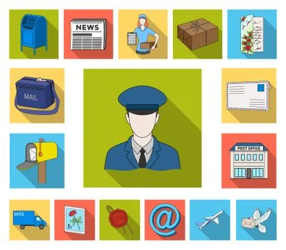 Mail and postman flat icons in set collection for design. Mail and equipment Stock Illustration