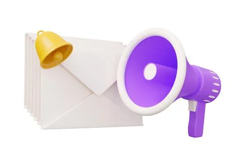 Mail bell megaphone speaker 3d render illustration in minimal cartoon style.. Stock Illustration