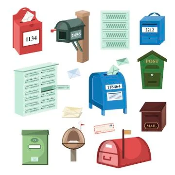 Mail box vector post mailbox or postal mailing letterbox illustration set of Stock-Illustration