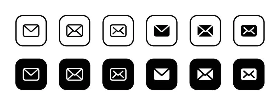 Mail button icon set. Envelope in rounded square frame for email and messag.. Stock Illustration