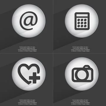 Mail, Calculator, Heart with plus, Camera icon sign. Set of buttons with a flat Stock Illustration