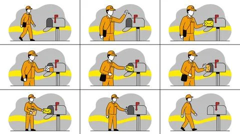 Mail Carrier Delivering Mail Step-by-Step Sequence Illustration. Stock Illustration