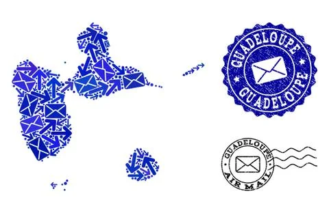 Mail Communication Composition of Mosaic Map of Guadeloupe and Scratched Stamps 스톡 일러스트