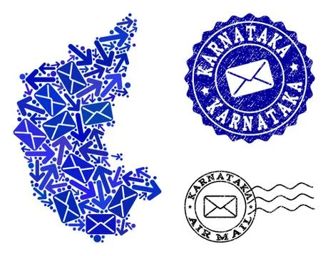 Mail Communication Composition of Mosaic Map of Karnataka State and Grunge Seals Stock Illustration