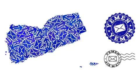 Mail Communication Composition of Mosaic Map of Yemen and Scratched Stamps 스톡 일러스트