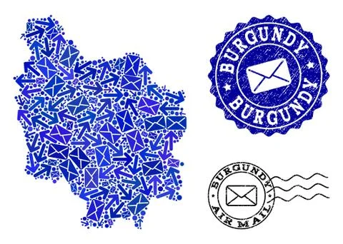 Mail Delivery Collage of Mosaic Map of Burgundy Province and Textured Stamps Stock Illustration