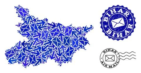 Mail Delivery Composition of Mosaic Map of Bihar State and Scratched Stamps Illustrazione stock