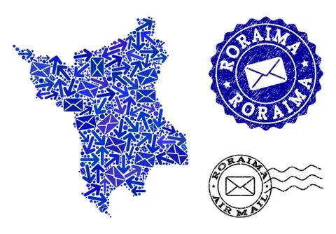 Mail Delivery Composition of Mosaic Map of Roraima State and Textured Stamps Stock Illustration