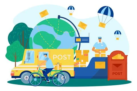 Mail delivery, post service, vector illustration. People courier character 库存插图