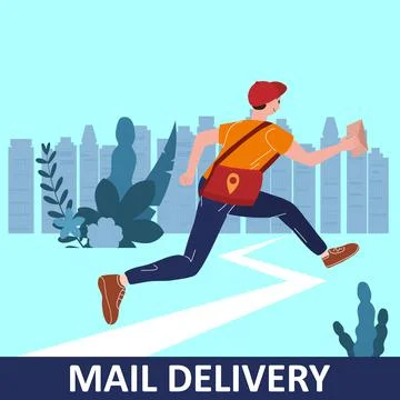 Mail delivery Postman running with bag delivering letter in envelope. Mailman in Stock Illustration