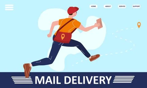 Mail delivery Postman running with bag delivering letter in envelope. Mailman in Stock Illustration