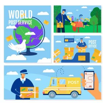 Mail delivery service banners set, postal courier man in front of cargo van Illustration