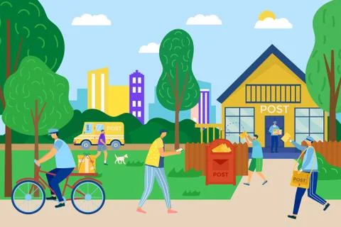 Mail delivery service, vector illustration. Postman male postal courier man in Illustration