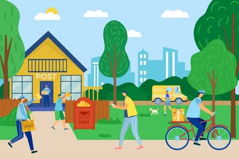Mail delivery service, vector illustration. Postman male postal courier man in Illustration